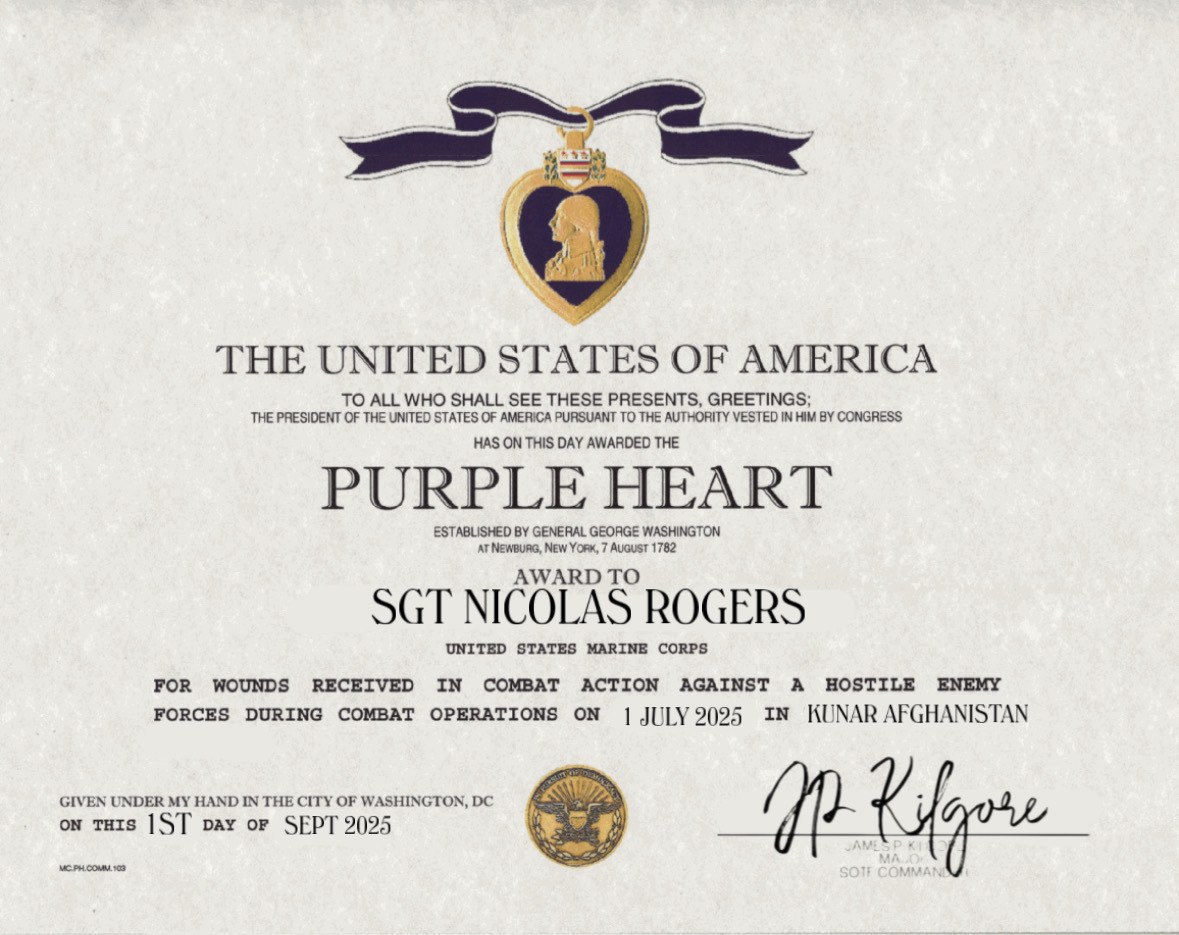 Purple Heart certificate for Sergeant Nicolas Rogers