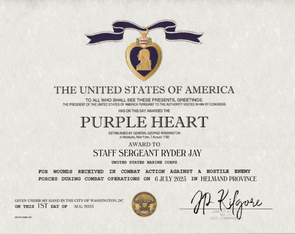 Purple Heart certificate for Staff Sergeant Ryder Jay