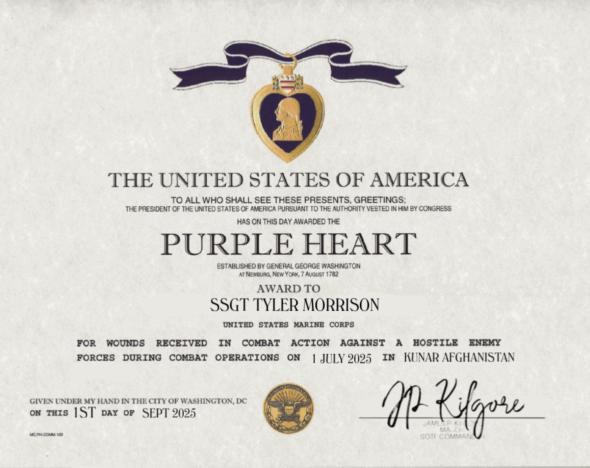 Purple Heart certificate for Staff Sergeant Tyler Morrison
